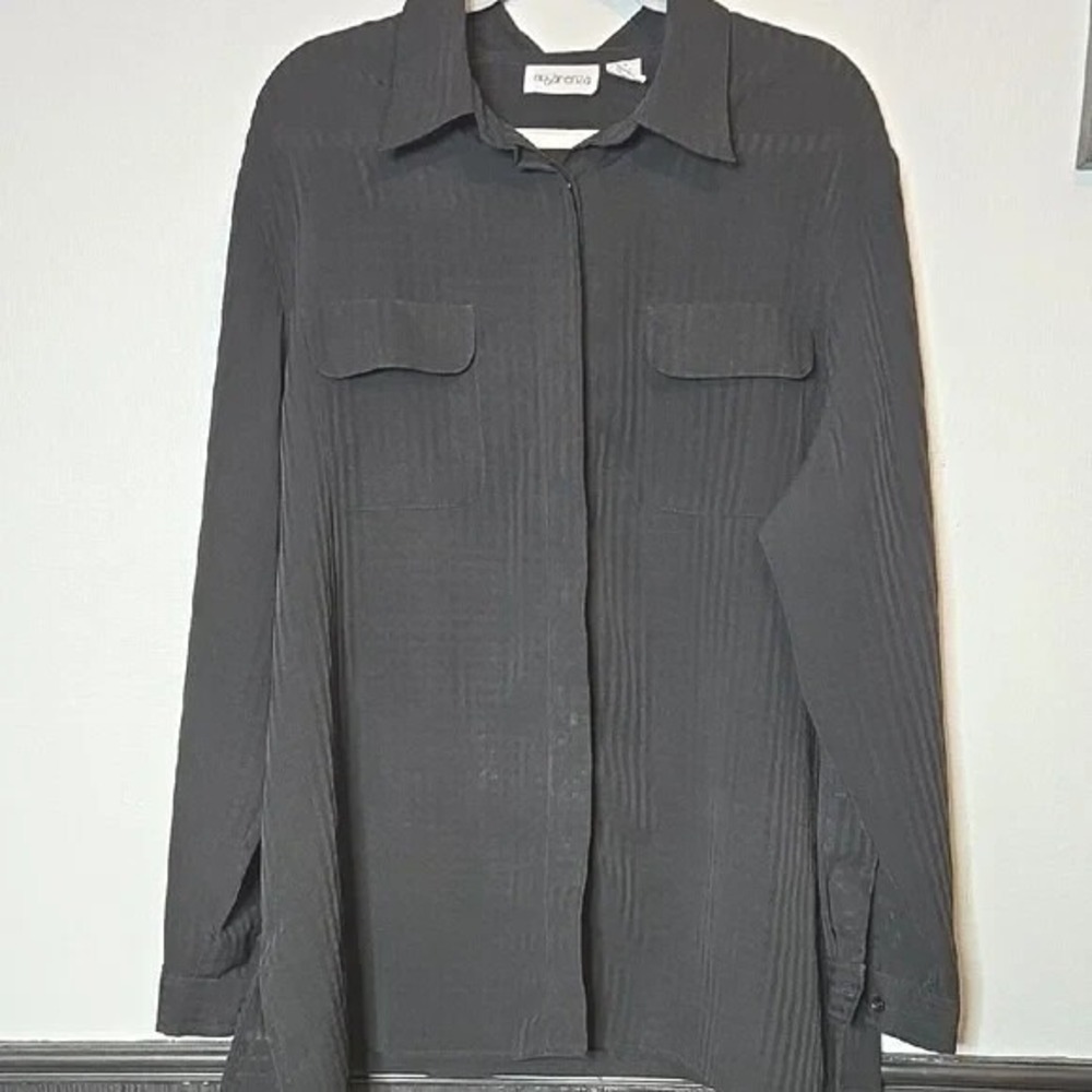 Apparenza Striped Button Down Shirt, Dark Academia Preppy Office, Black, 2X